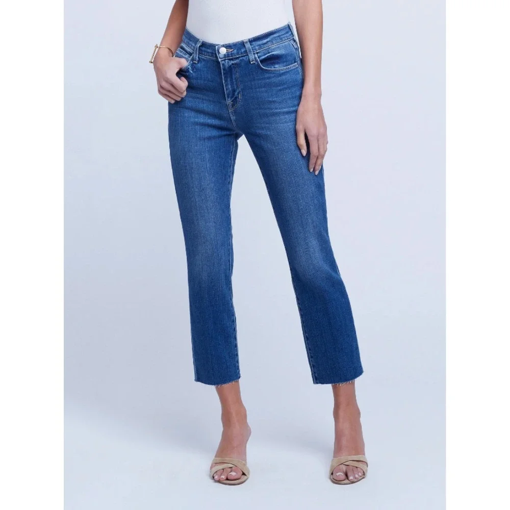L'AGENCE Sada Cropped Slim Straight Jeans in Toledo Blue 24 French Girl Off Duty
